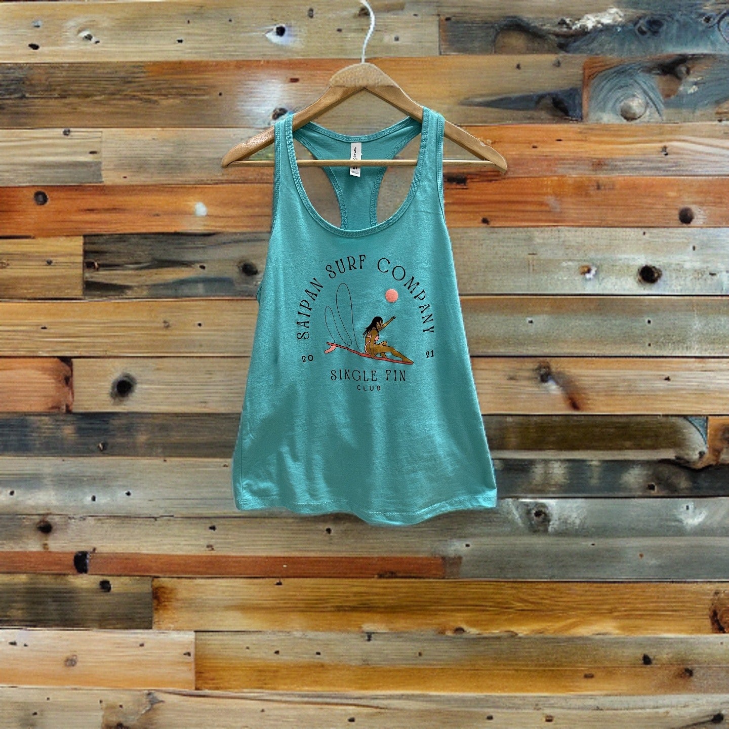 Single Fin Club Racerback Tanktop. Color: Teal